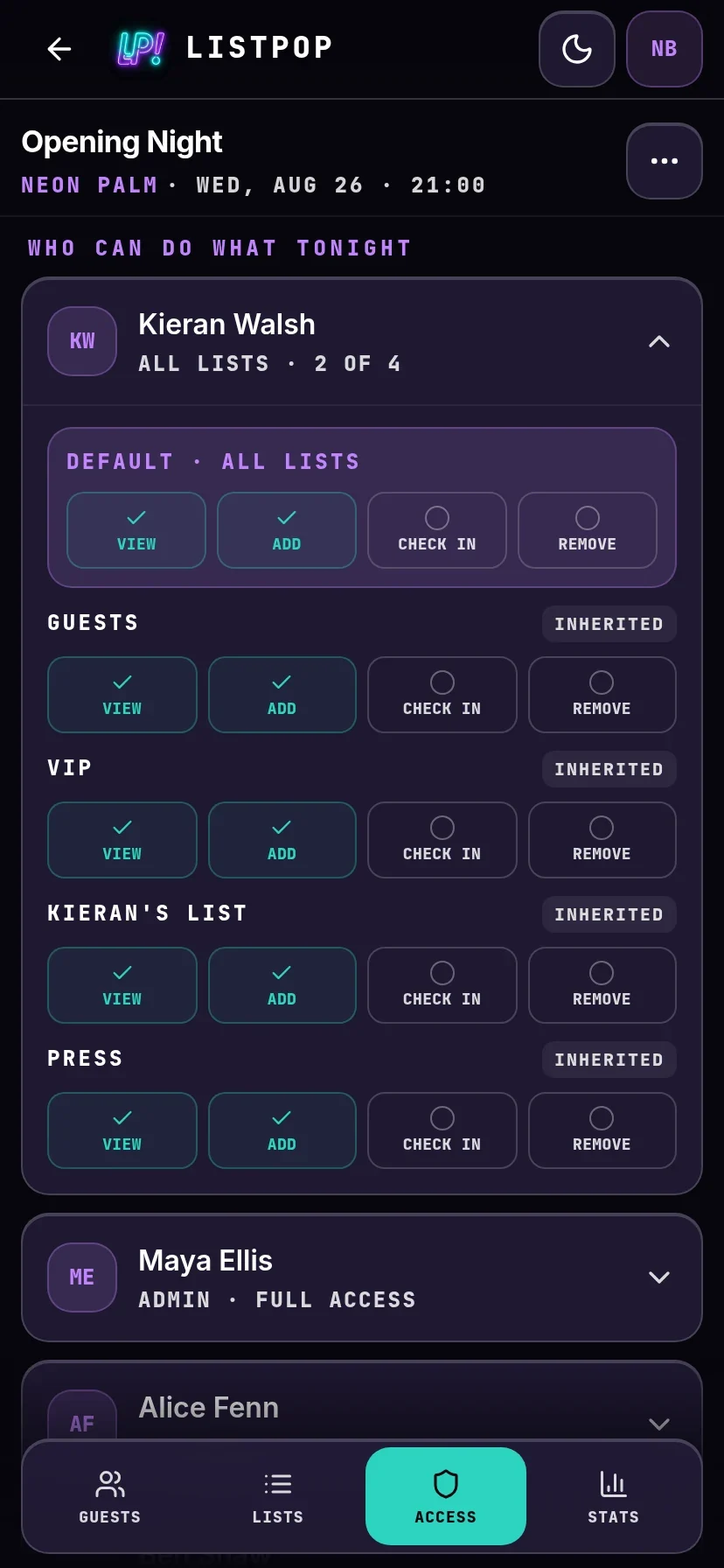 Per-person permission switches for every guest list on a night