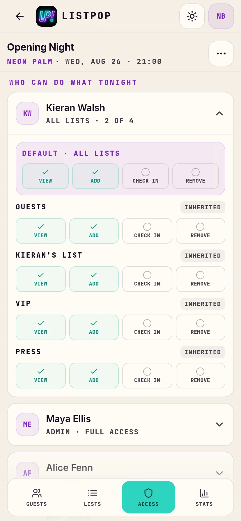 Per-person permission switches for every guest list on a night