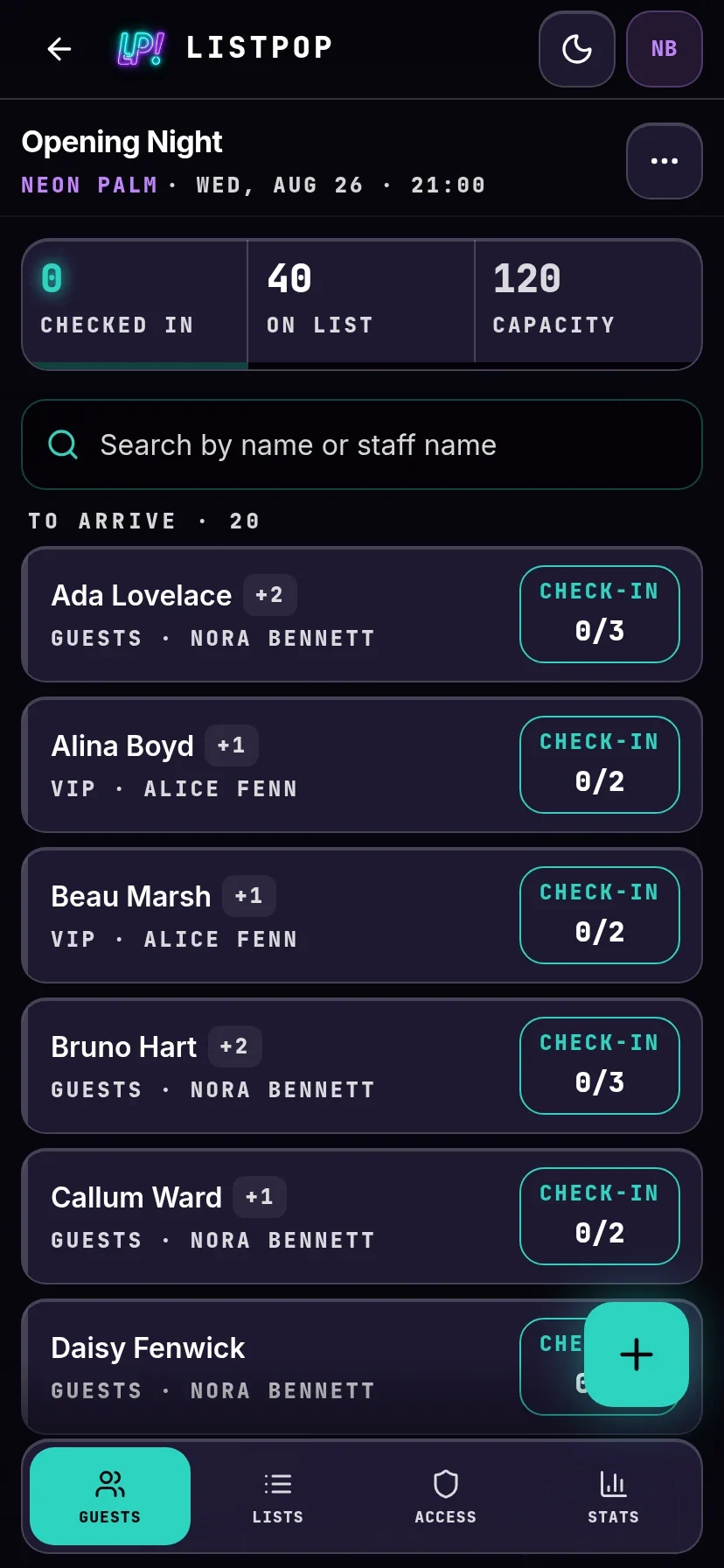 The door screen: tonight's list with check-in counters per party