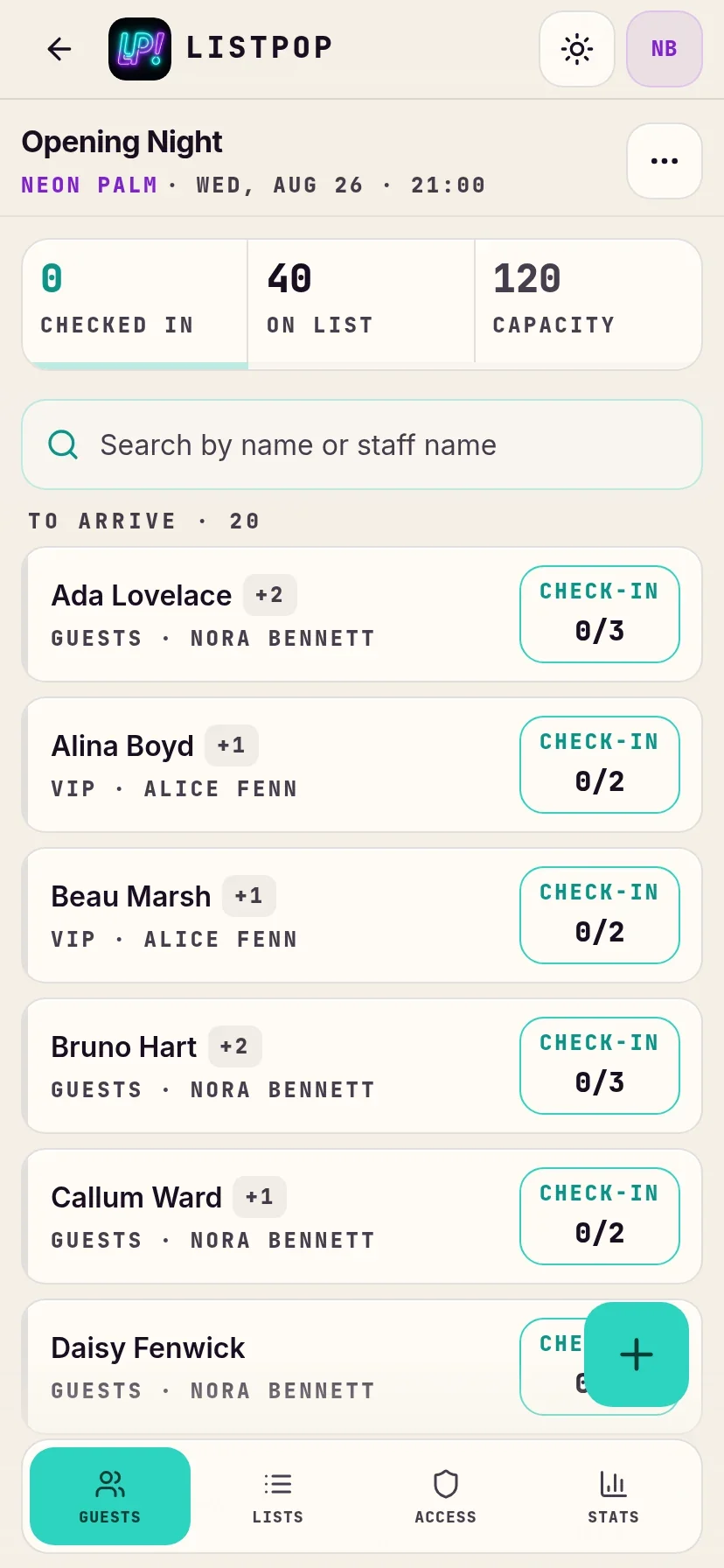 The door screen: tonight's list with check-in counters per party