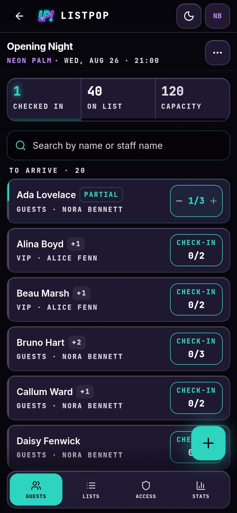 The ListPop door screen with a party part way through checking in