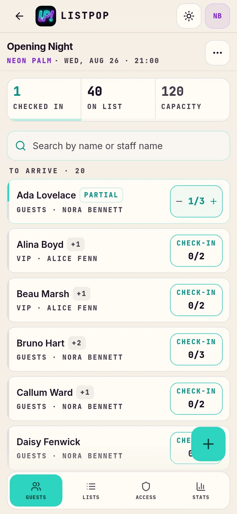 The ListPop door screen with a party part way through checking in