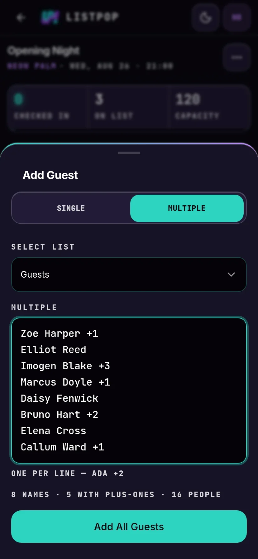 Pasting a guest list into ListPop, with a live count underneath