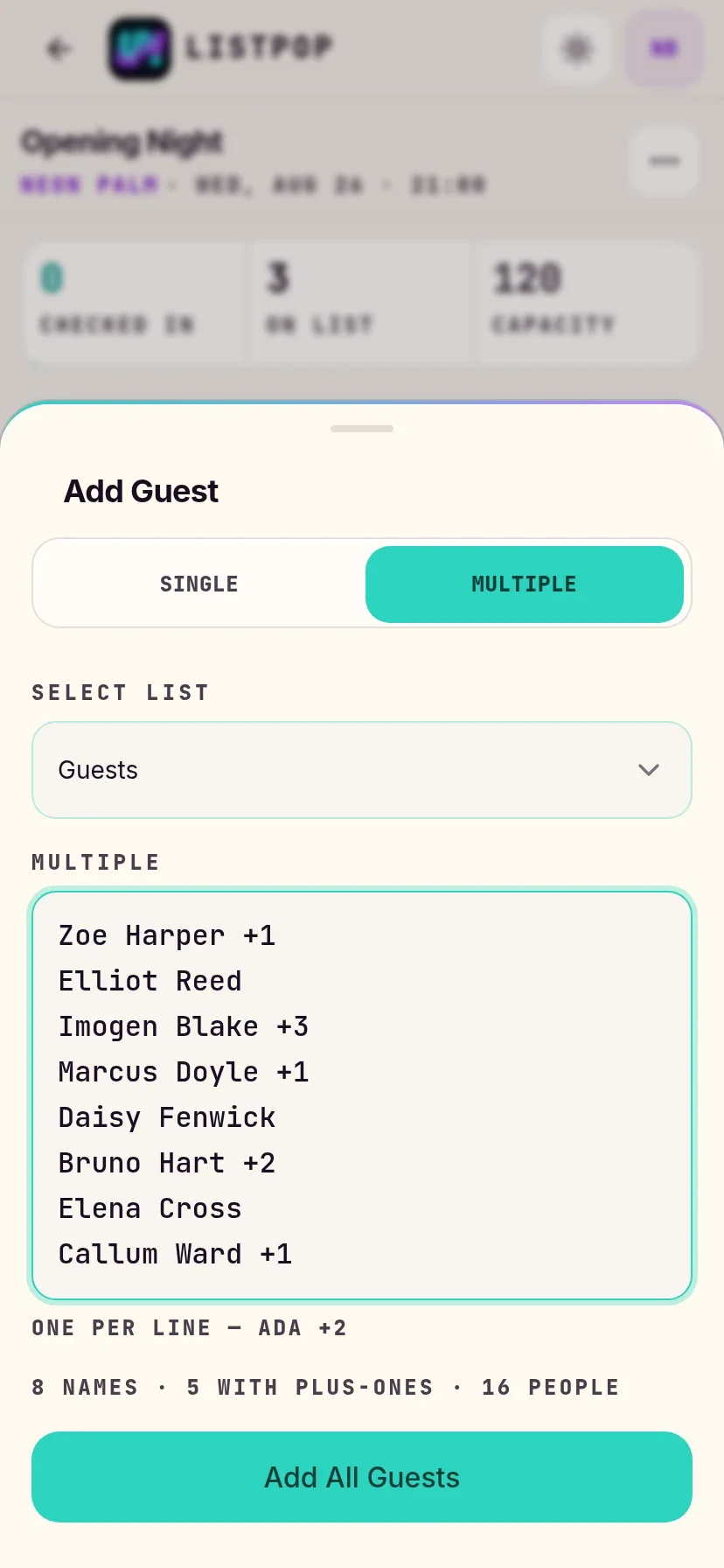 Pasting a guest list into ListPop, with a live count underneath